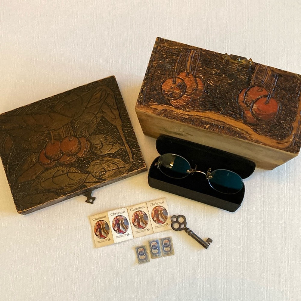 Vintage Hand Carved Wooden Box of Treasures - Spectacles Case Stamps Key